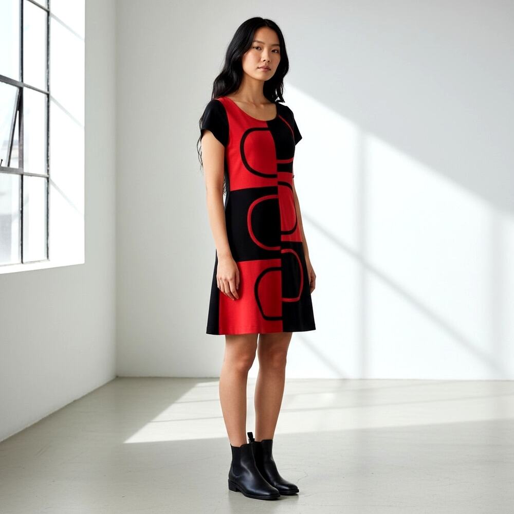 Rinascimento Made in Italy Colorblock Dress M Red Black Geometric Sheath Midi